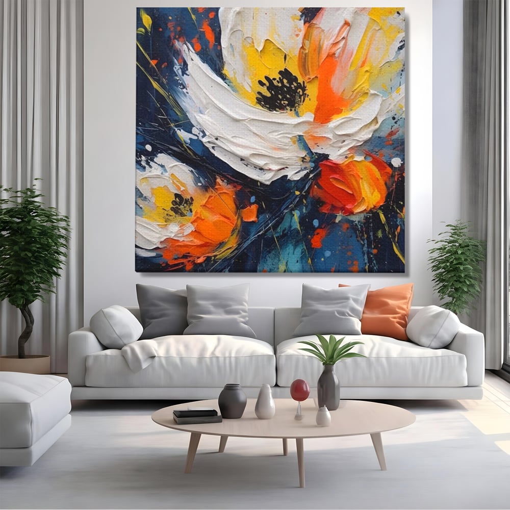 Tablou canvas cu pictura abstracta cu flori texturate, fara rama, pe sasiu de lemn, pe perete intr-un living
